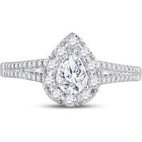GND 14K White Gold Pear Diamond Halo Engagement Ring with Prong Set Round Diamonds – 1.00 Carat Total Diamond Weight