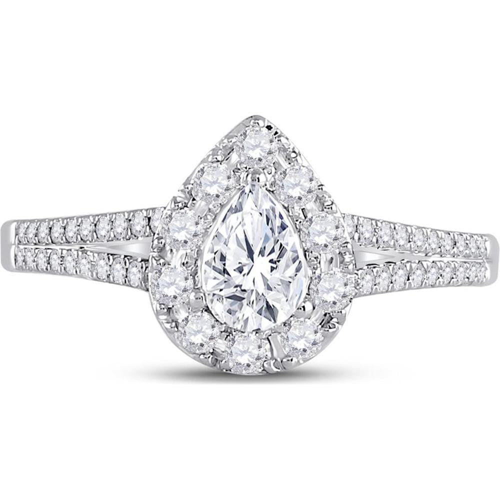 GND 14K White Gold Pear Diamond Halo Engagement Ring with Prong Set Round Diamonds – 1.00 Carat Total Diamond Weight
