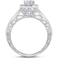 GND 14K White Gold Pear Diamond Halo Engagement Ring with Prong Set Round Diamonds – 1.00 Carat Total Diamond Weight