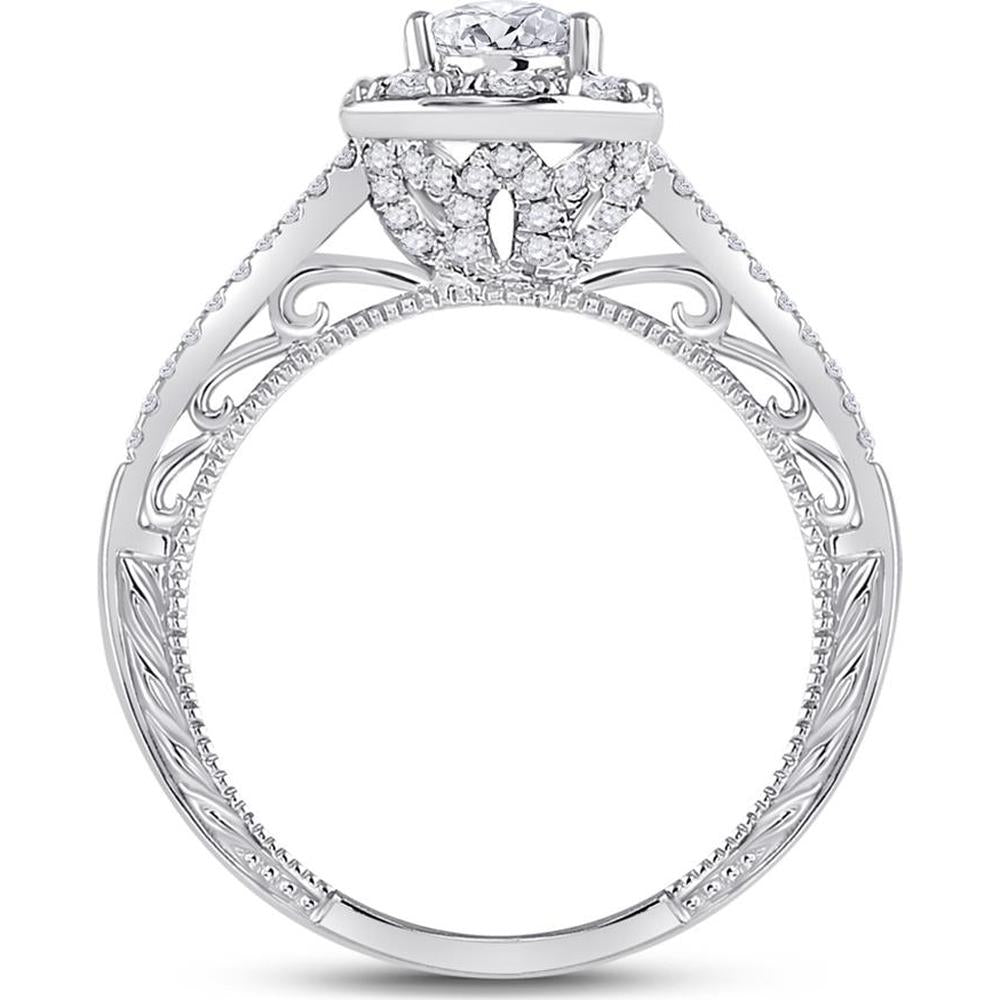 GND 14K White Gold Pear Diamond Halo Engagement Ring with Prong Set Round Diamonds – 1.00 Carat Total Diamond Weight