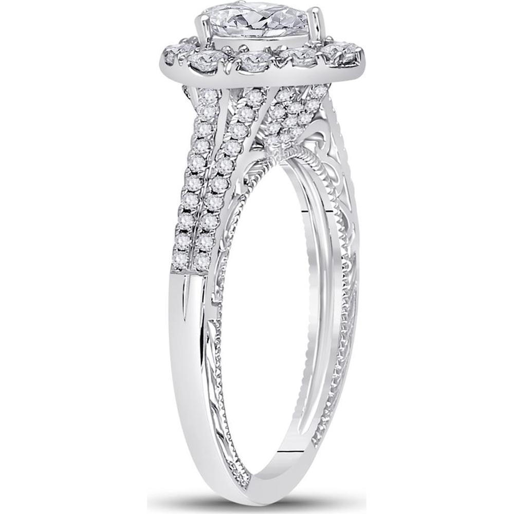 GND 14K White Gold Pear Diamond Halo Engagement Ring with Prong Set Round Diamonds – 1.00 Carat Total Diamond Weight