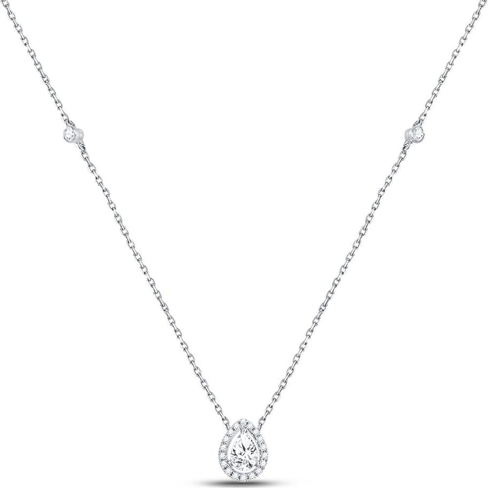 GND 14K White Gold Pear Diamond Teardrop Pendant Necklace with Round Diamonds - 0.50 Carat Total Diamond Weight