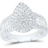 GND 14K White Gold Pear-Shaped Cluster Ring with Pave-Set Round and Channel-Set Baguette Diamonds – 1-1/5 Carat Total Diamond Weight