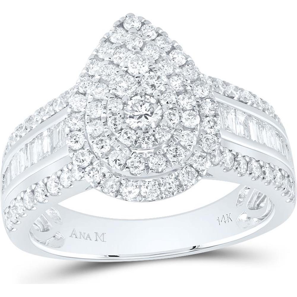 GND 14K White Gold Pear-Shaped Cluster Ring with Pave-Set Round and Channel-Set Baguette Diamonds – 1-1/5 Carat Total Diamond Weight