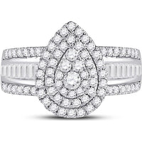 GND 14K White Gold Pear-Shaped Cluster Ring with Pave-Set Round and Channel-Set Baguette Diamonds – 1-1/5 Carat Total Diamond Weight