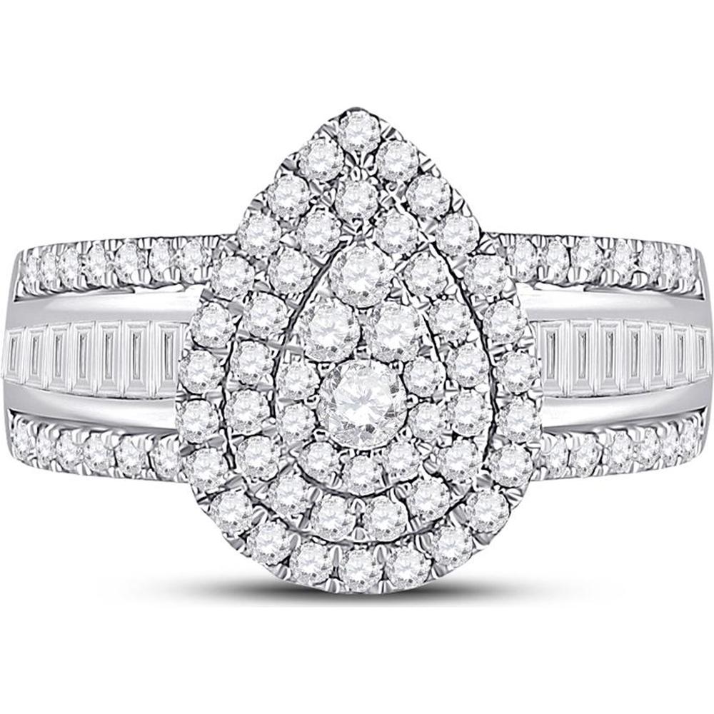 GND 14K White Gold Pear-Shaped Cluster Ring with Pave-Set Round and Channel-Set Baguette Diamonds – 1-1/5 Carat Total Diamond Weight