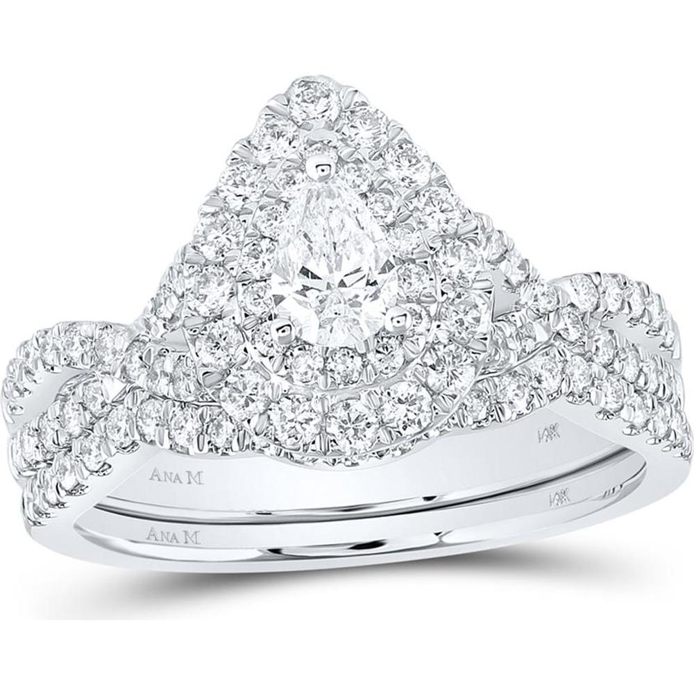GND 14K White Gold Pear-Shaped Diamond Halo Bridal Wedding Ring Set - 1.00 Carat Total Diamond Weight