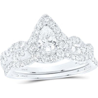GND 14K White Gold Pear-Shaped Diamond Halo Bridal Wedding Set - 1.00 Carat Total Diamond Weight