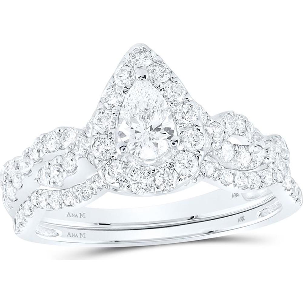 GND 14K White Gold Pear-Shaped Diamond Halo Bridal Wedding Set - 1.00 Carat Total Diamond Weight