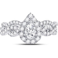 GND 14K White Gold Pear-Shaped Diamond Halo Bridal Wedding Set - 1.00 Carat Total Diamond Weight