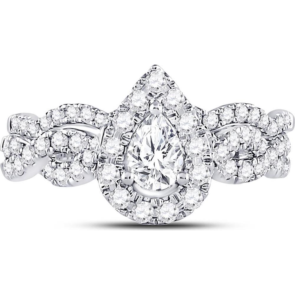 GND 14K White Gold Pear-Shaped Diamond Halo Bridal Wedding Set - 1.00 Carat Total Diamond Weight