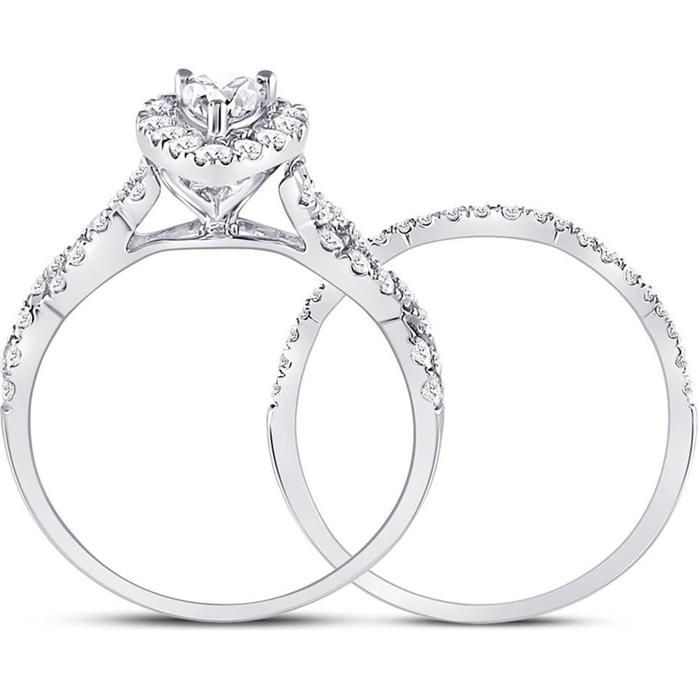 GND 14K White Gold Pear-Shaped Diamond Halo Bridal Wedding Set - 1.00 Carat Total Diamond Weight