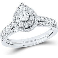 GND 14K White Gold Pear-Shaped Halo Bridal Wedding Ring Set with Prong-Set Round Diamonds - 3/4 Total Carat Weight