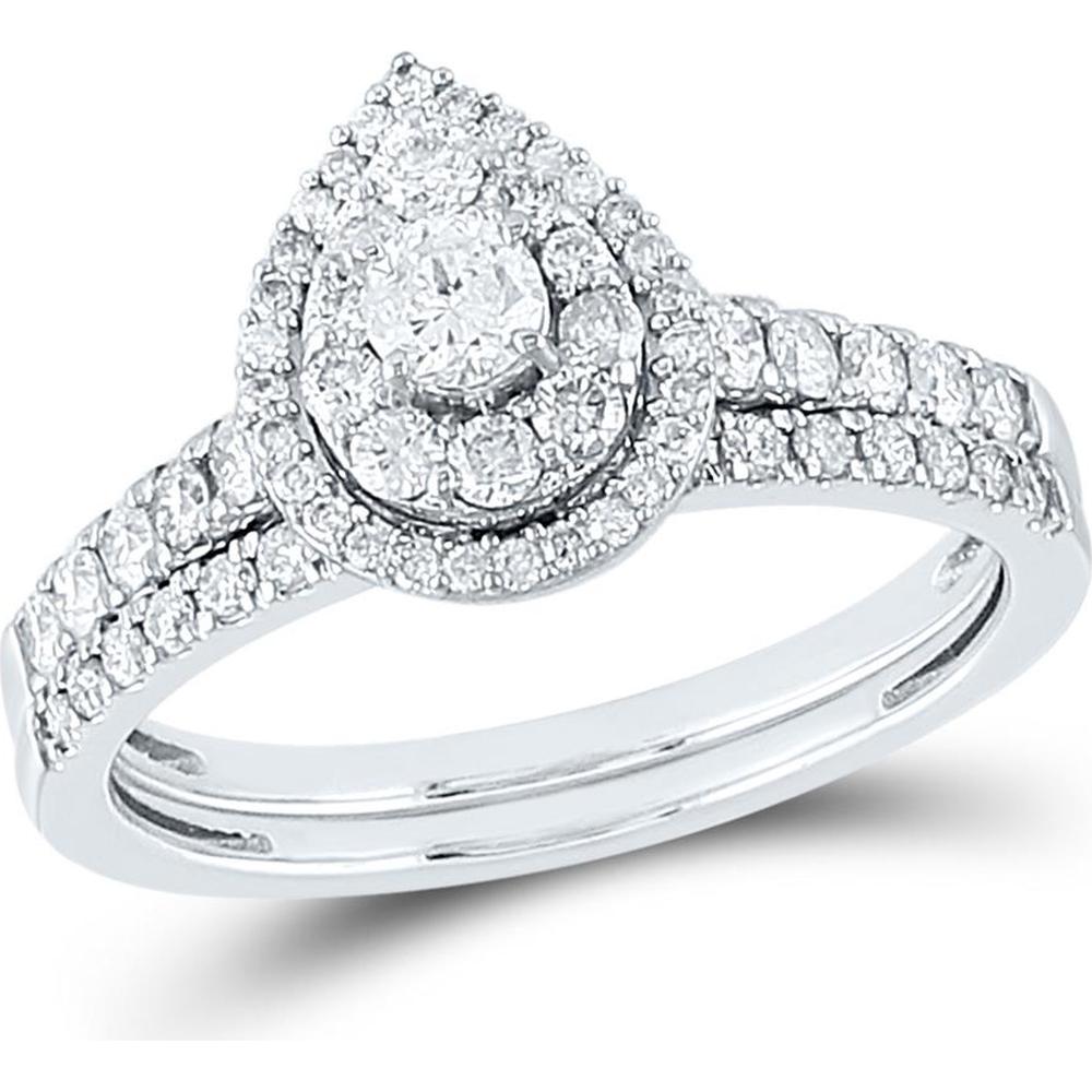 GND 14K White Gold Pear-Shaped Halo Bridal Wedding Ring Set with Prong-Set Round Diamonds - 3/4 Total Carat Weight