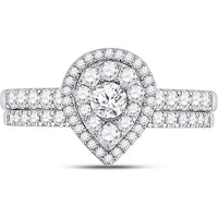 GND 14K White Gold Pear-Shaped Halo Bridal Wedding Ring Set with Prong-Set Round Diamonds - 3/4 Total Carat Weight