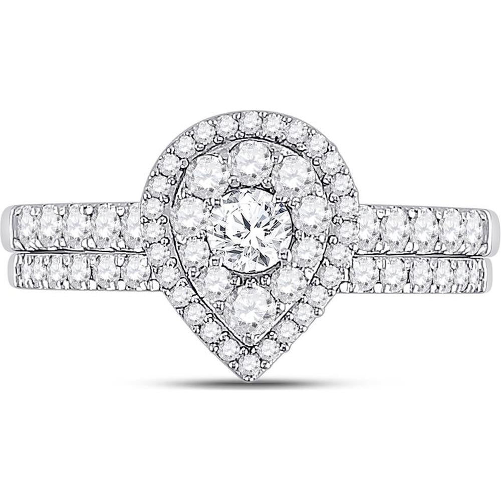 GND 14K White Gold Pear-Shaped Halo Bridal Wedding Ring Set with Prong-Set Round Diamonds - 3/4 Total Carat Weight