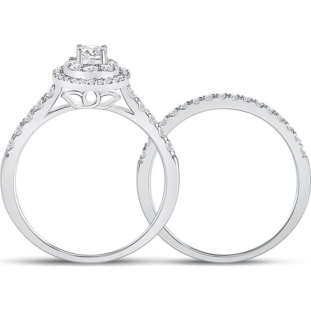 GND 14K White Gold Pear-Shaped Halo Bridal Wedding Ring Set with Prong-Set Round Diamonds - 3/4 Total Carat Weight