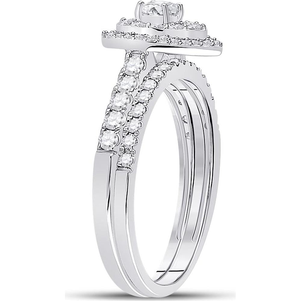 GND 14K White Gold Pear-Shaped Halo Bridal Wedding Ring Set with Prong-Set Round Diamonds - 3/4 Total Carat Weight