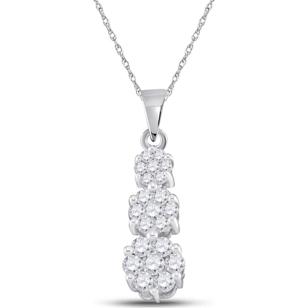 GND 14K White Gold Pendant with 3 Prong-Set Round Diamond Flower Clusters - 1/2 Carat Total Diamond Weight