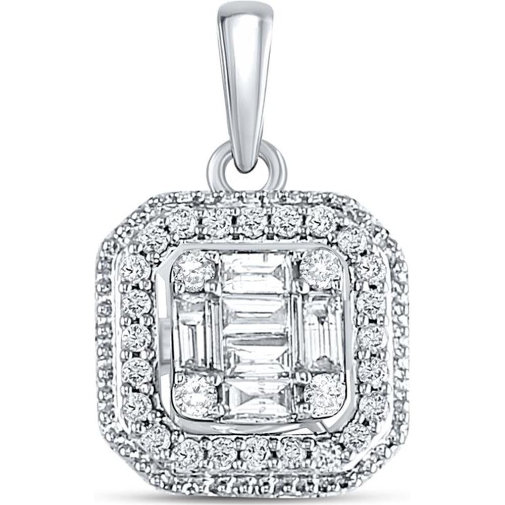 GND 14K White Gold Pendant with Baguette and Round Diamonds in Cluster Design - 1/4 Carat Total Diamond Weight