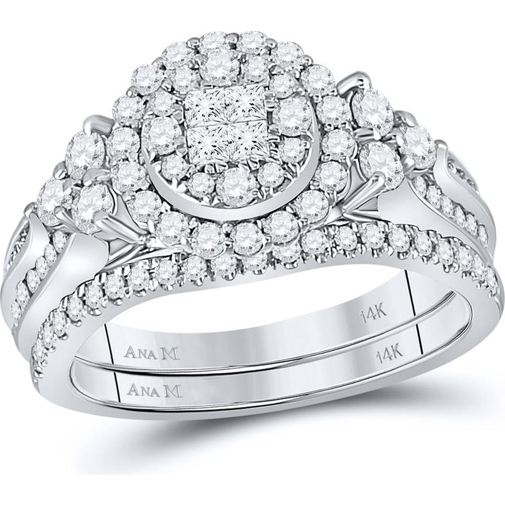 GND 14K White Gold Princess and Round Diamond Bridal Wedding Ring Set - 1 Carat Total Diamond Weight