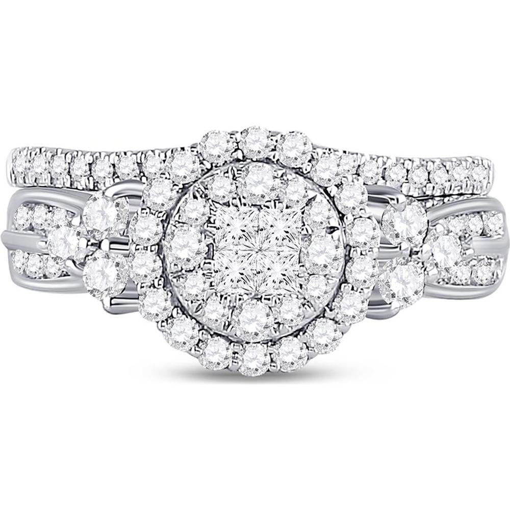 GND 14K White Gold Princess and Round Diamond Bridal Wedding Ring Set - 1 Carat Total Diamond Weight