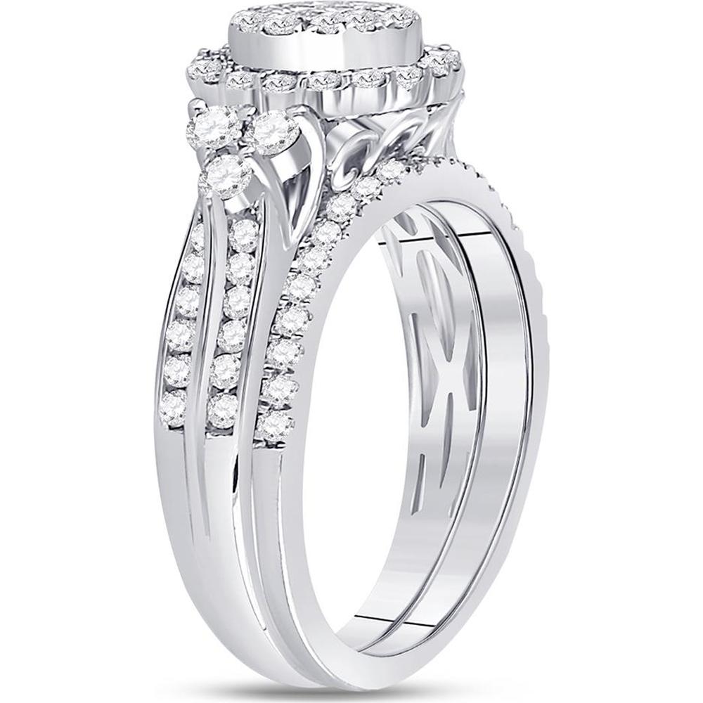 GND 14K White Gold Princess and Round Diamond Bridal Wedding Ring Set - 1 Carat Total Diamond Weight
