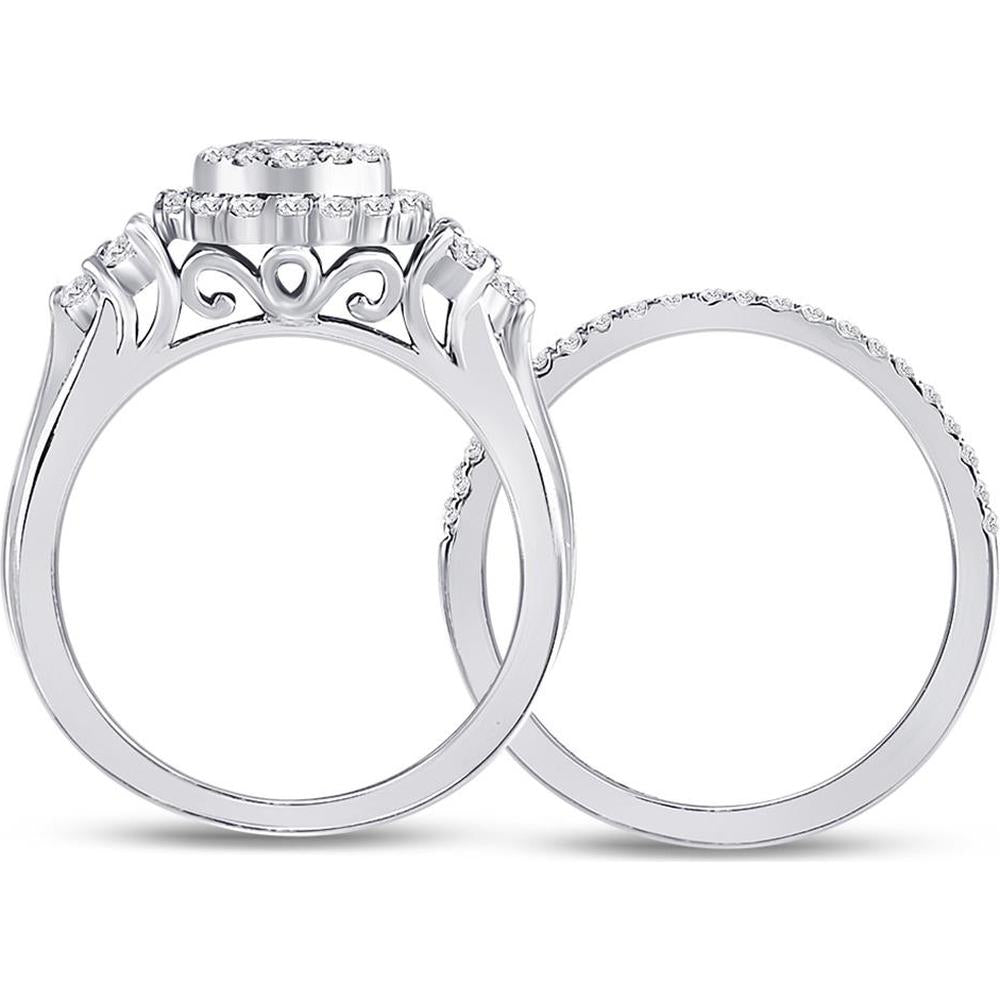GND 14K White Gold Princess and Round Diamond Bridal Wedding Ring Set - 1 Carat Total Diamond Weight