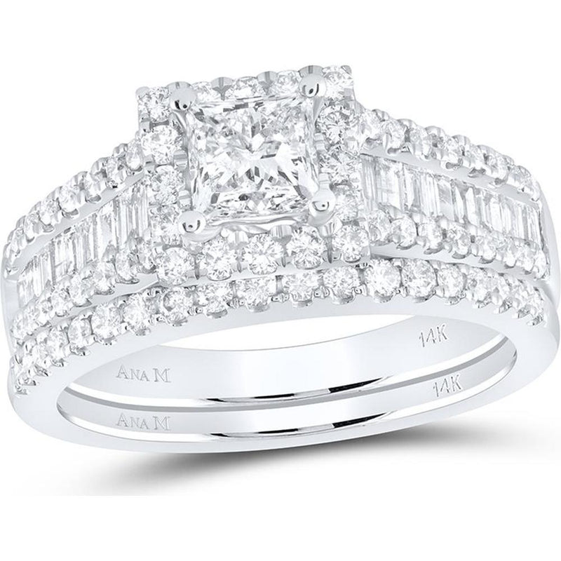 GND 14K White Gold Princess and Round Diamond Bridal Wedding Ring Set with Baguette Accents - 1-3/4 Carat Total Weight