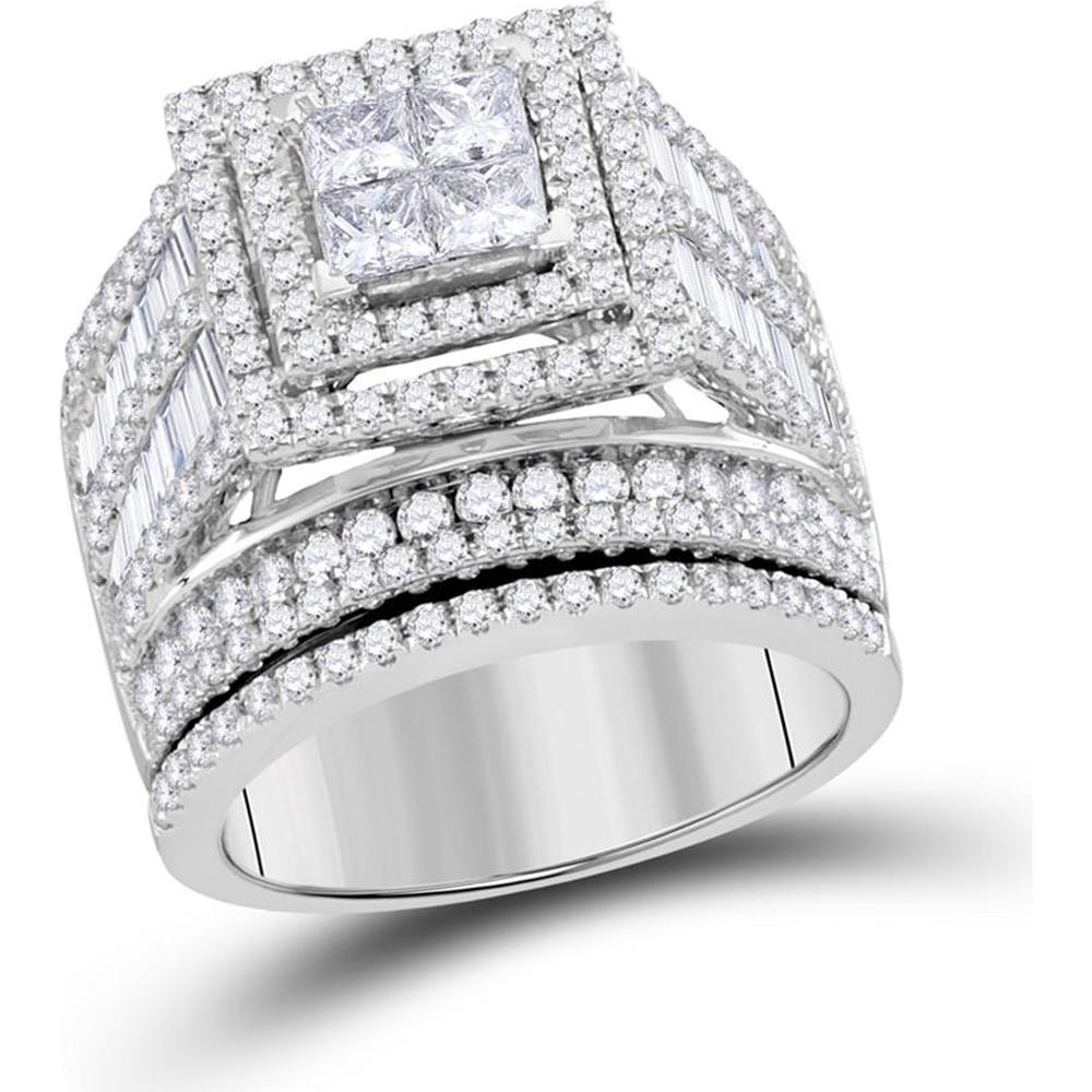 GND 14K White Gold Princess and Round Diamond Bridal Wedding Ring Set with Baguette Accents – 3 Carat Total Weight