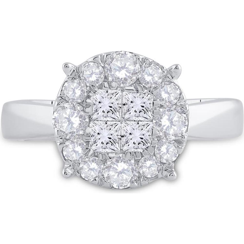 GND 14K White Gold Princess and Round Diamond Cluster Bridal Engagement Ring – 1.00 Carat Total Diamond Weight