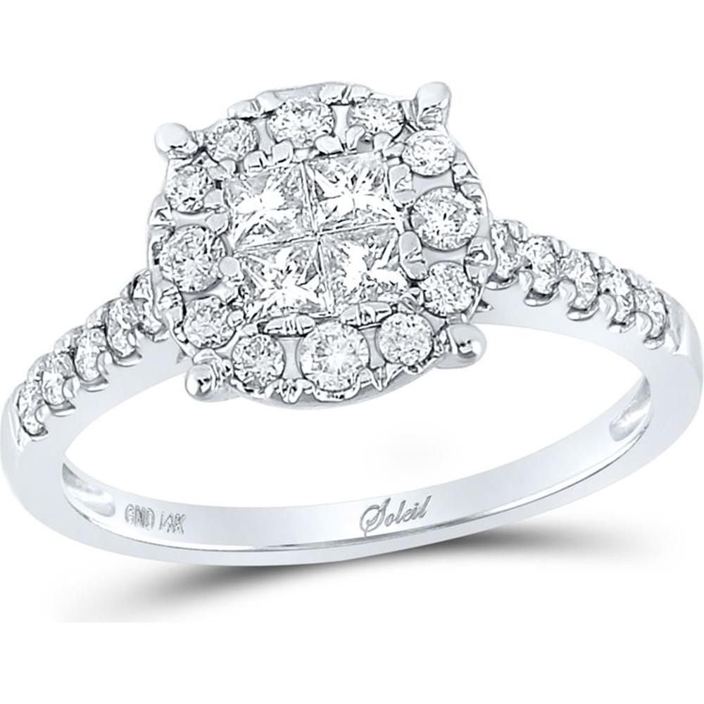 GND 14K White Gold Princess and Round Diamond Cluster Bridal Engagement Ring - 3/4 Total Carat Weight