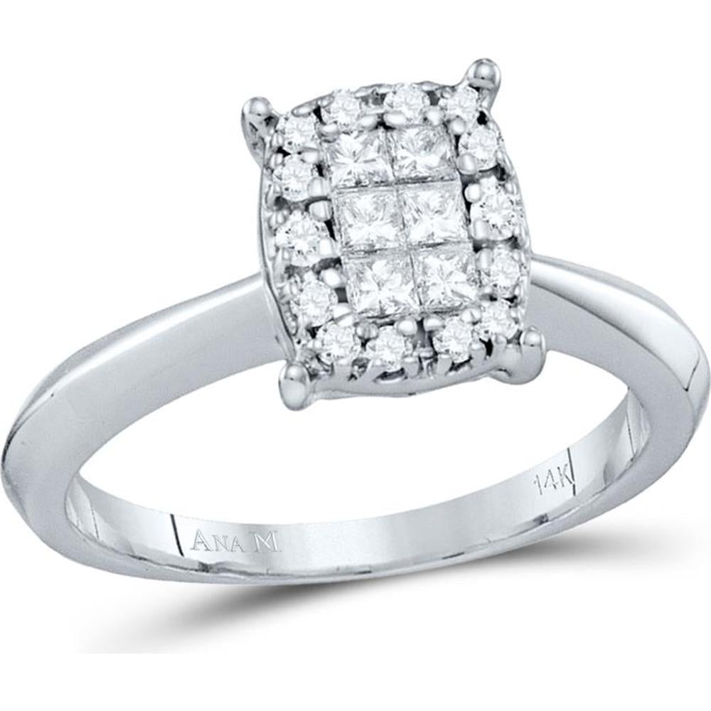 GND 14K White Gold Princess and Round Diamond Cluster Bridal Engagement Ring - 3/8 Total Carat Weight