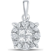 GND 14K White Gold Princess and Round Diamond Cluster Pendant - 1/4 Total Carat Weight