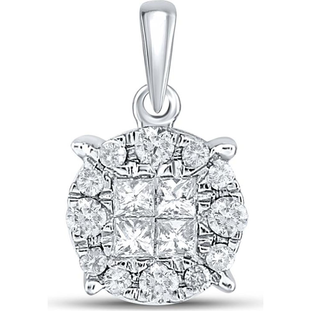 GND 14K White Gold Princess and Round Diamond Cluster Pendant - 1/4 Total Carat Weight