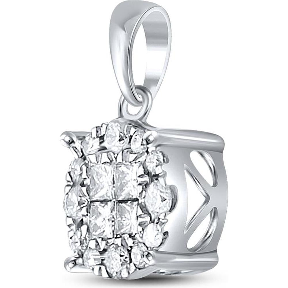 GND 14K White Gold Princess and Round Diamond Cluster Pendant - 1/4 Total Carat Weight