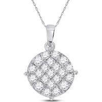 GND 14K White Gold Princess and Round Diamond Cluster Pendant Necklace - 1.00 Carat Total Diamond Weight