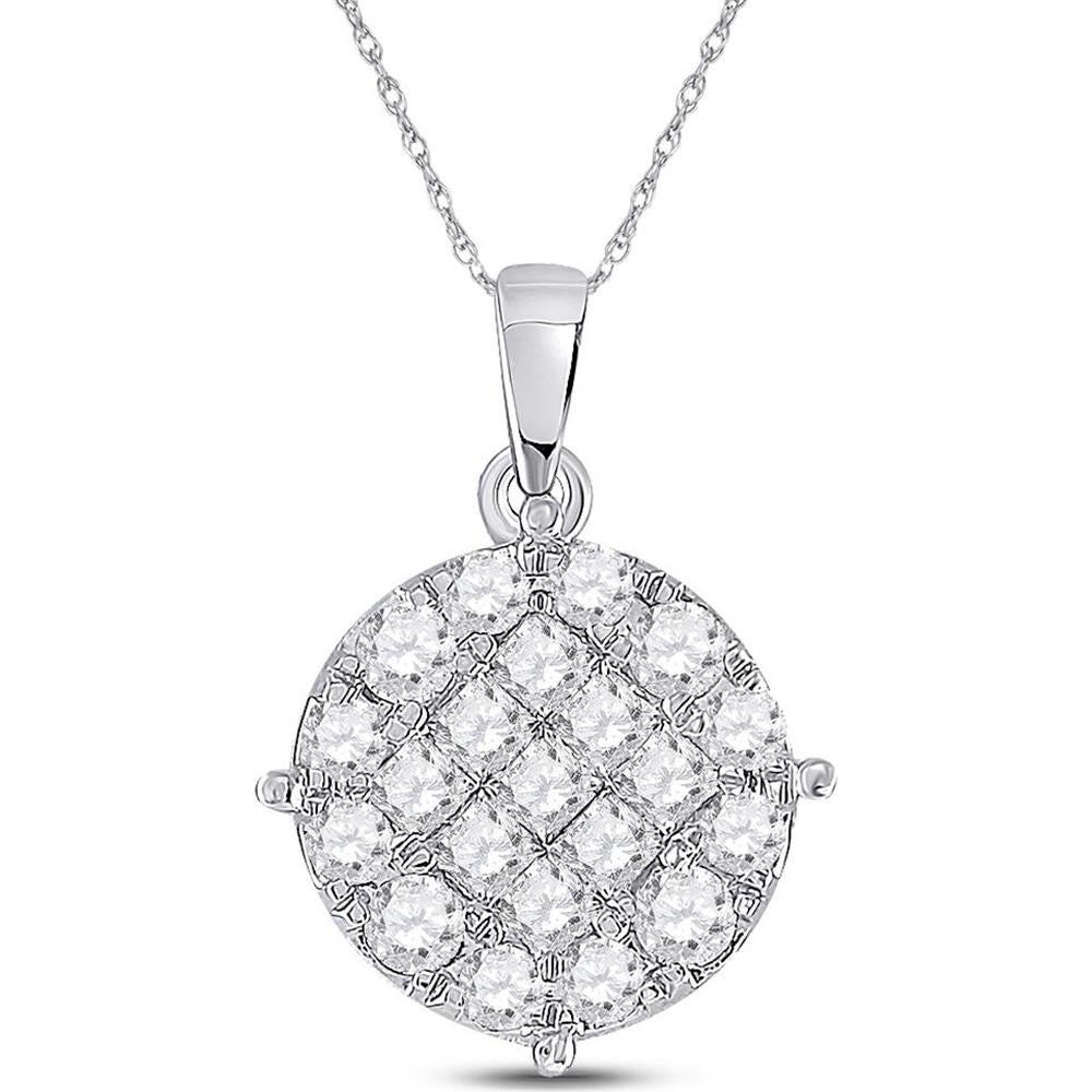 GND 14K White Gold Princess and Round Diamond Cluster Pendant Necklace - 1.00 Carat Total Diamond Weight