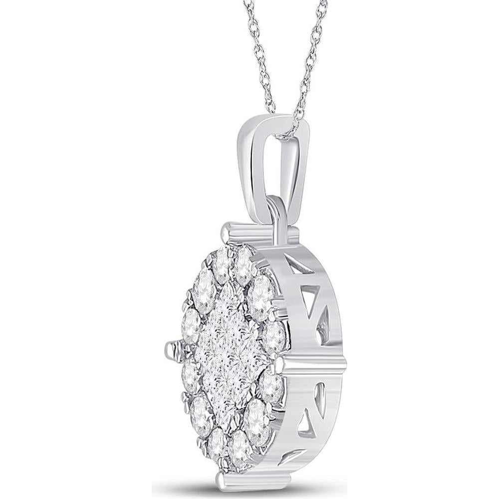 GND 14K White Gold Princess and Round Diamond Cluster Pendant Necklace - 1.00 Carat Total Diamond Weight