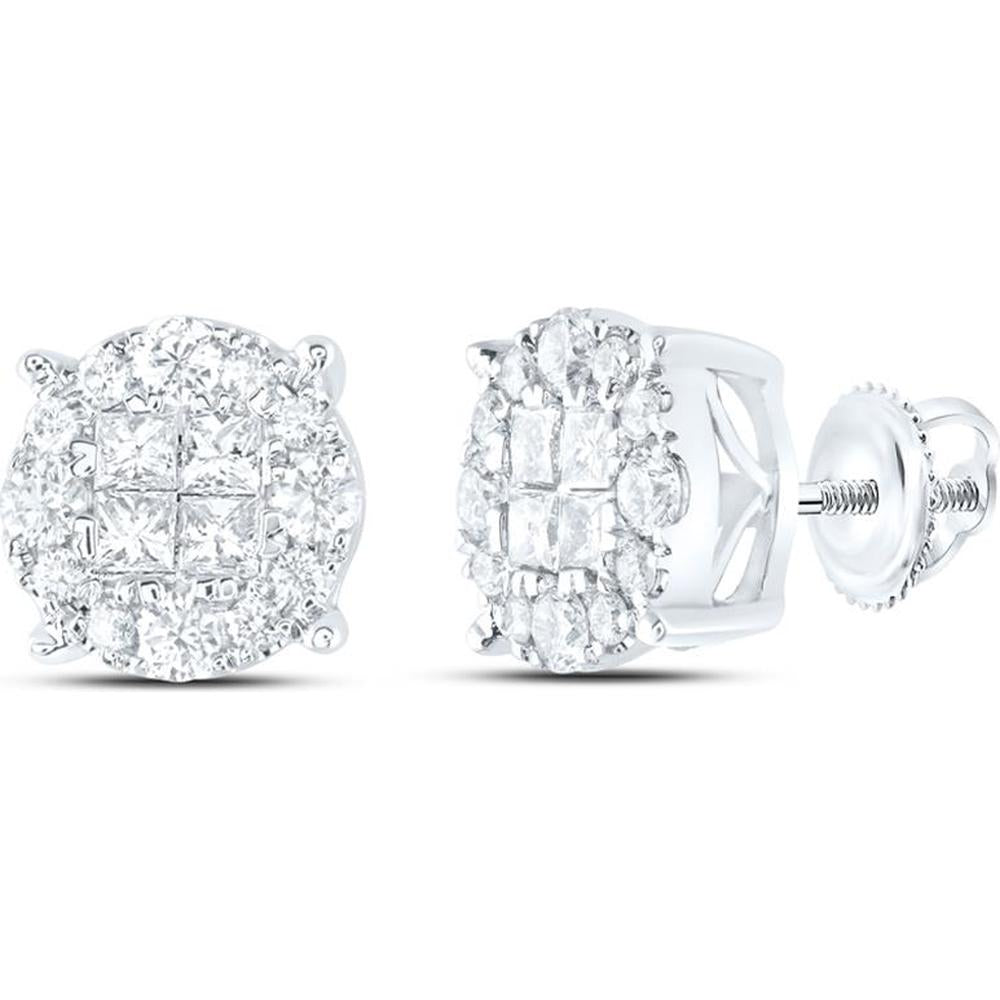 GND 14K White Gold Princess and Round Diamond Cluster Stud Earrings - 1.00 Carat Total Diamond Weight