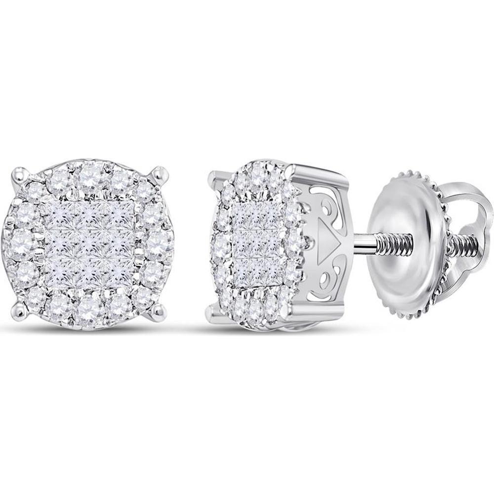 GND 14K White Gold Princess and Round Diamond Cluster Stud Earrings - 1/4 Carat Total Diamond Weight