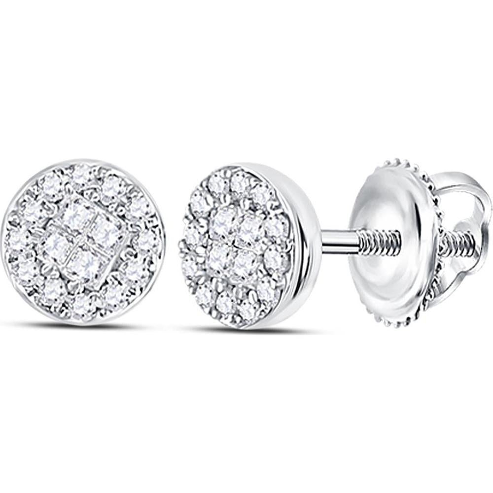 GND 14K White Gold Princess and Round Diamond Cluster Stud Earrings - 1/6 CTW