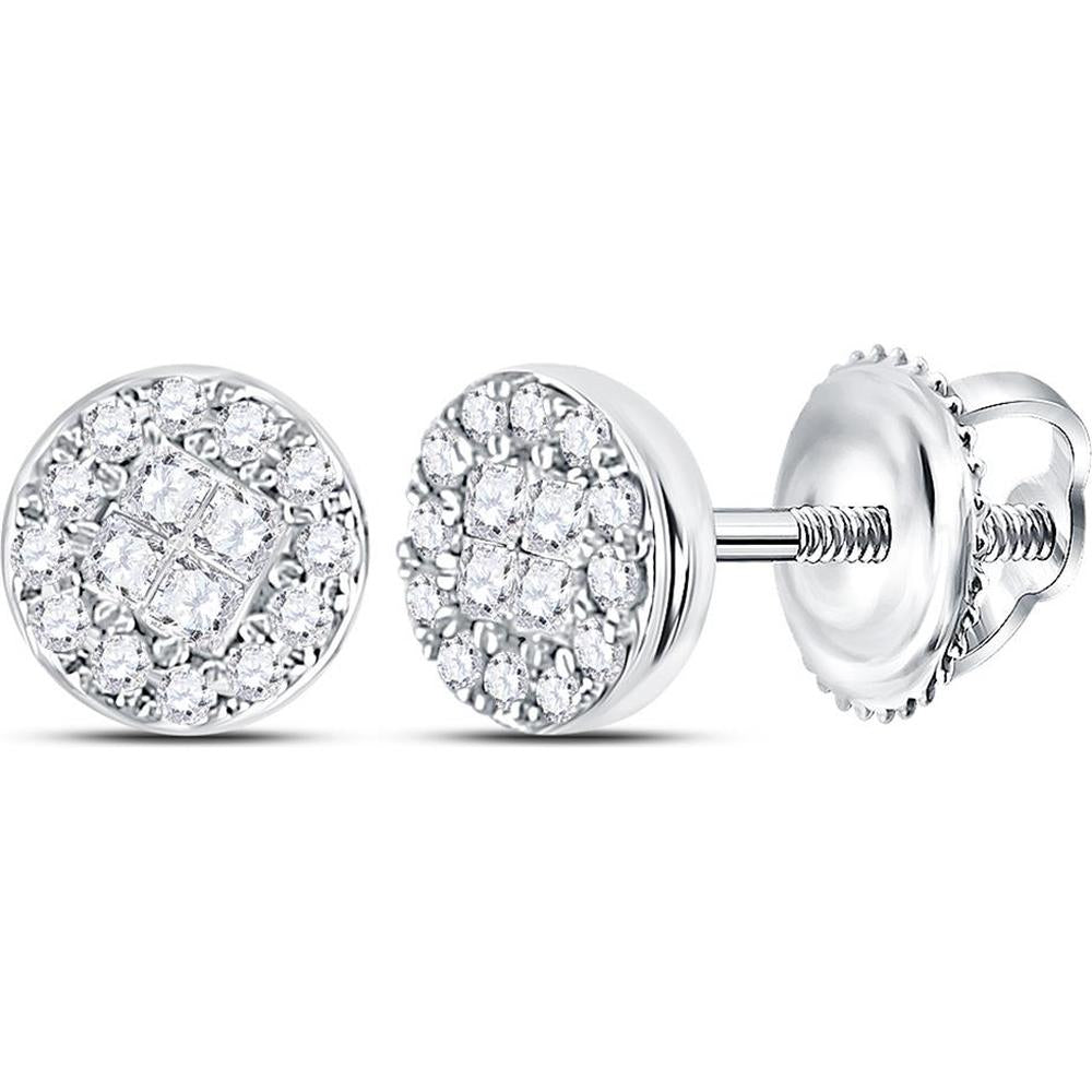 GND 14K White Gold Princess and Round Diamond Cluster Stud Earrings - 1/6 CTW