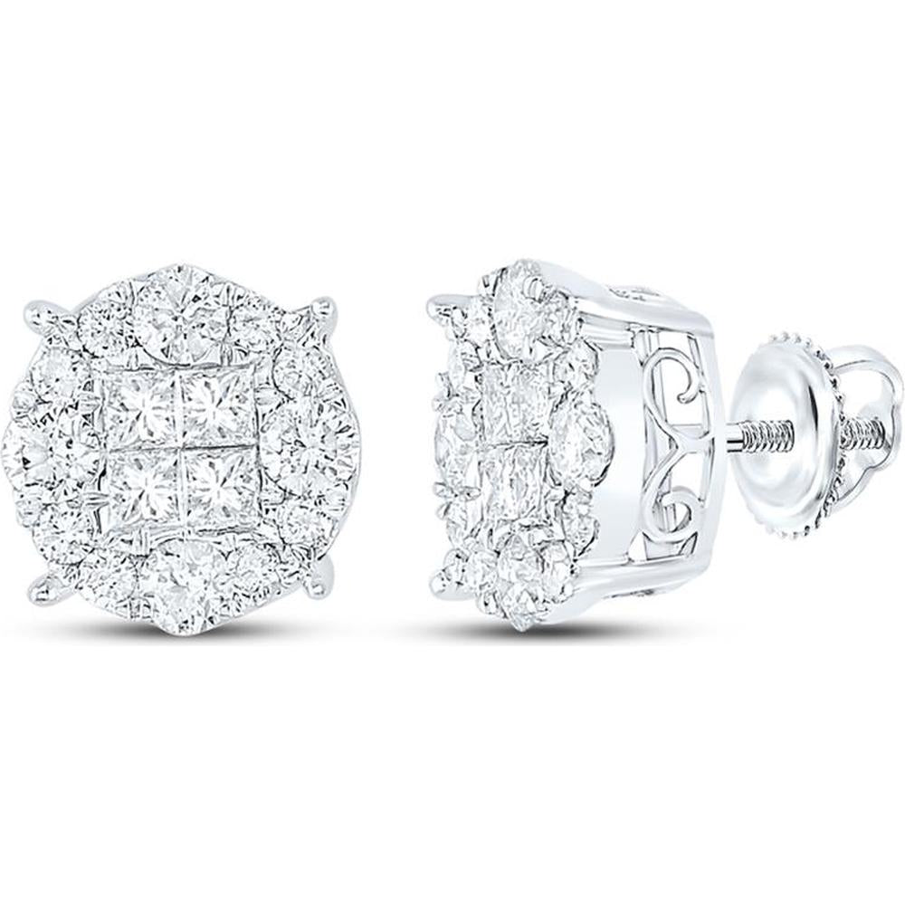 GND 14K White Gold Princess and Round Diamond Cluster Stud Earrings with Pave and Invisible Setting - 2 Carat Total Diamond Weight