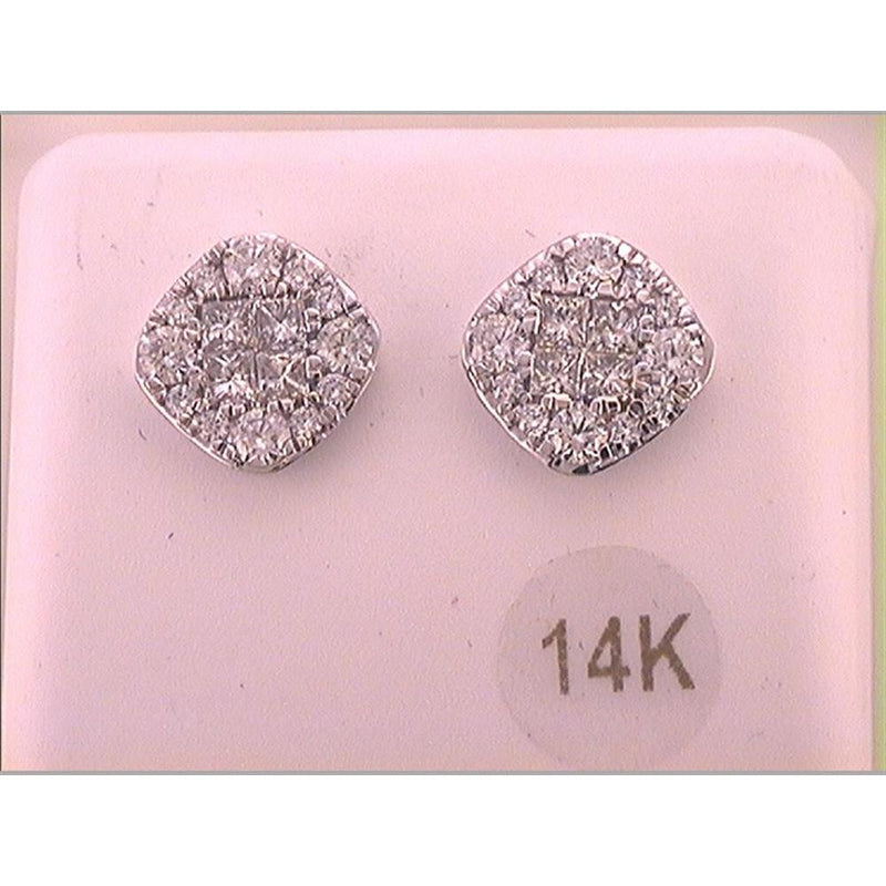 GND 14K White Gold Princess and Round Diamond Square Cluster Stud Earrings - 1.5 Carat Total Diamond Weight