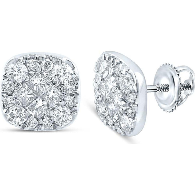 GND 14K White Gold Princess and Round Diamond Square Stud Earrings - 1.00 Carat Total Diamond Weight