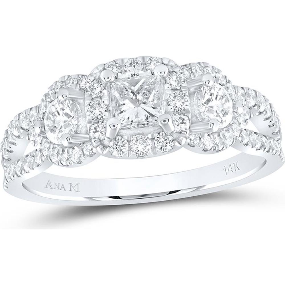 GND 14K White Gold Princess Cut Diamond 3-Stone Bridal Engagement Ring with Round Diamond Accents – 1-1/3 Carat Total Diamond Weight