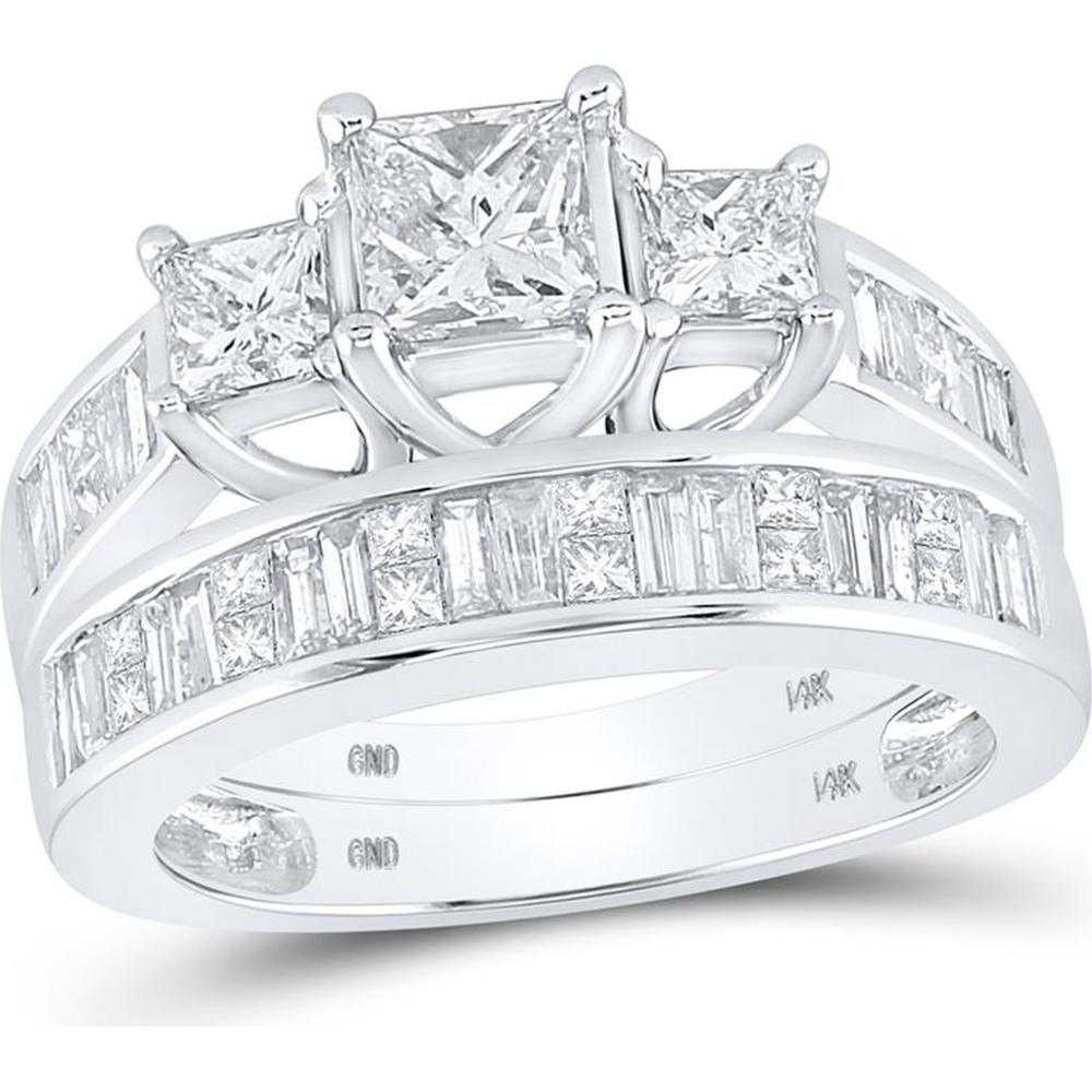 GND 14K White Gold Princess-Cut Diamond 3-Stone Bridal Wedding Ring Set – 2.00 Carat Total Diamond Weight
