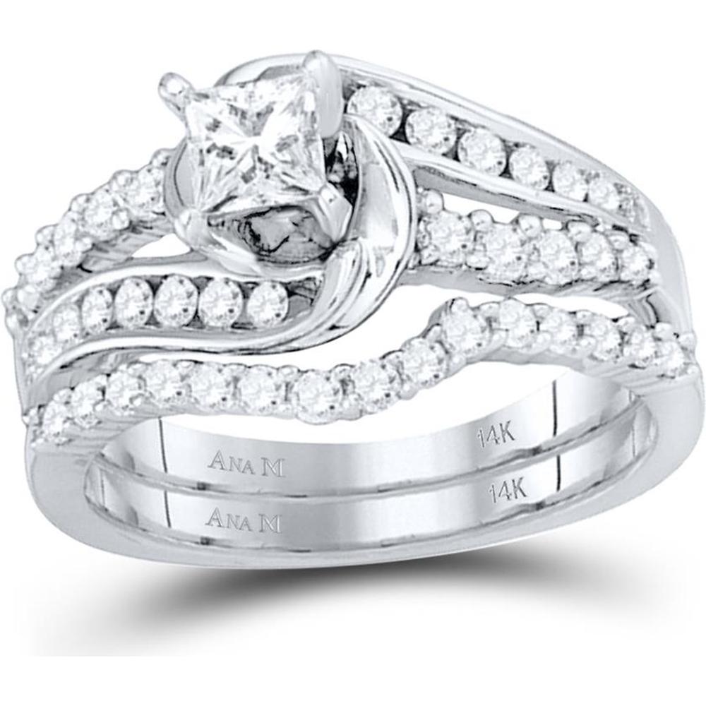 GND 14K White Gold Princess-Cut Diamond Bridal Wedding Ring Set - 1 Carat Total Diamond Weight