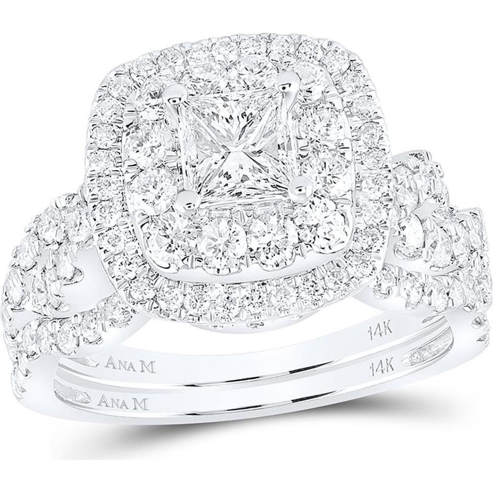 GND 14K White Gold Princess-Cut Diamond Bridal Wedding Ring Set with 2 Carat Total Diamond Weight